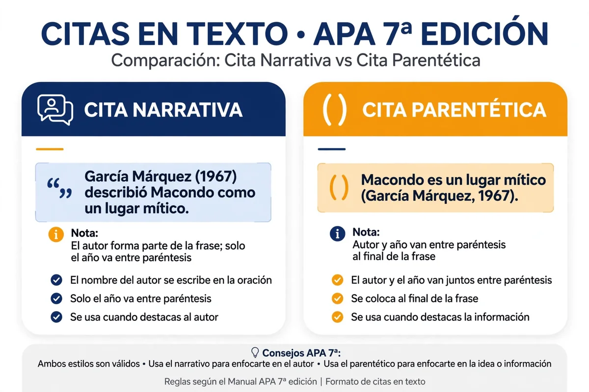 Infografía: cita narrativa (García Márquez (1967)…) frente a cita parentética (…(García Márquez, 1967)) en APA 7