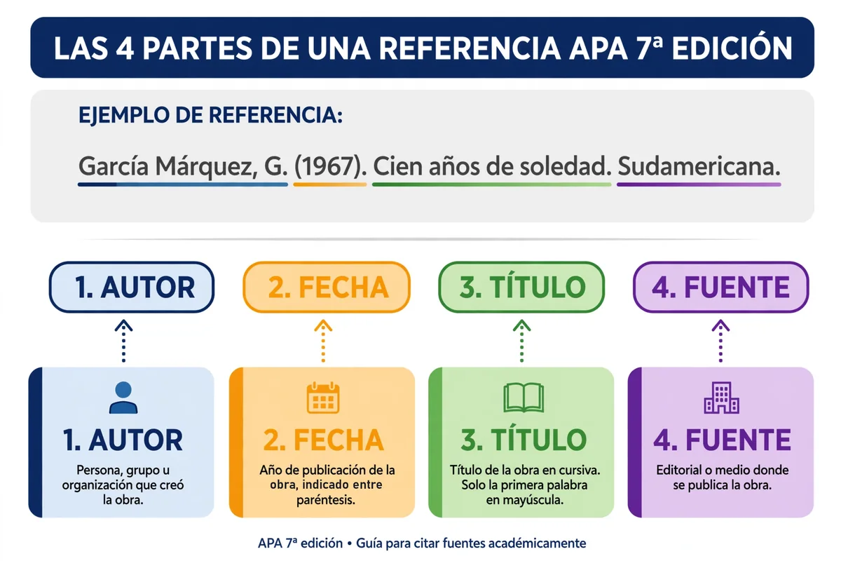 Infografía: las cuatro partes de una referencia APA 7 — autor, fecha, título y fuente, con ejemplo de García Márquez