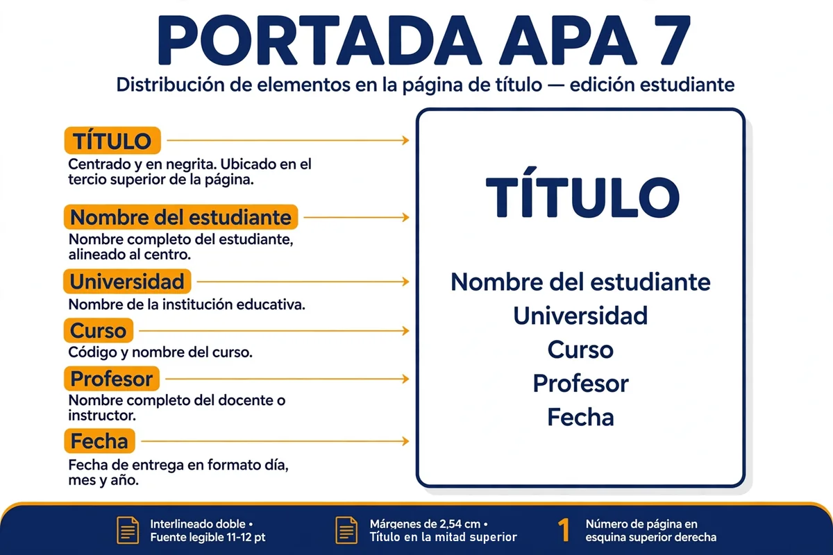 Infografía: distribución de los elementos de la portada APA 7 para estudiantes — título, nombre, universidad, curso, profesor y fecha