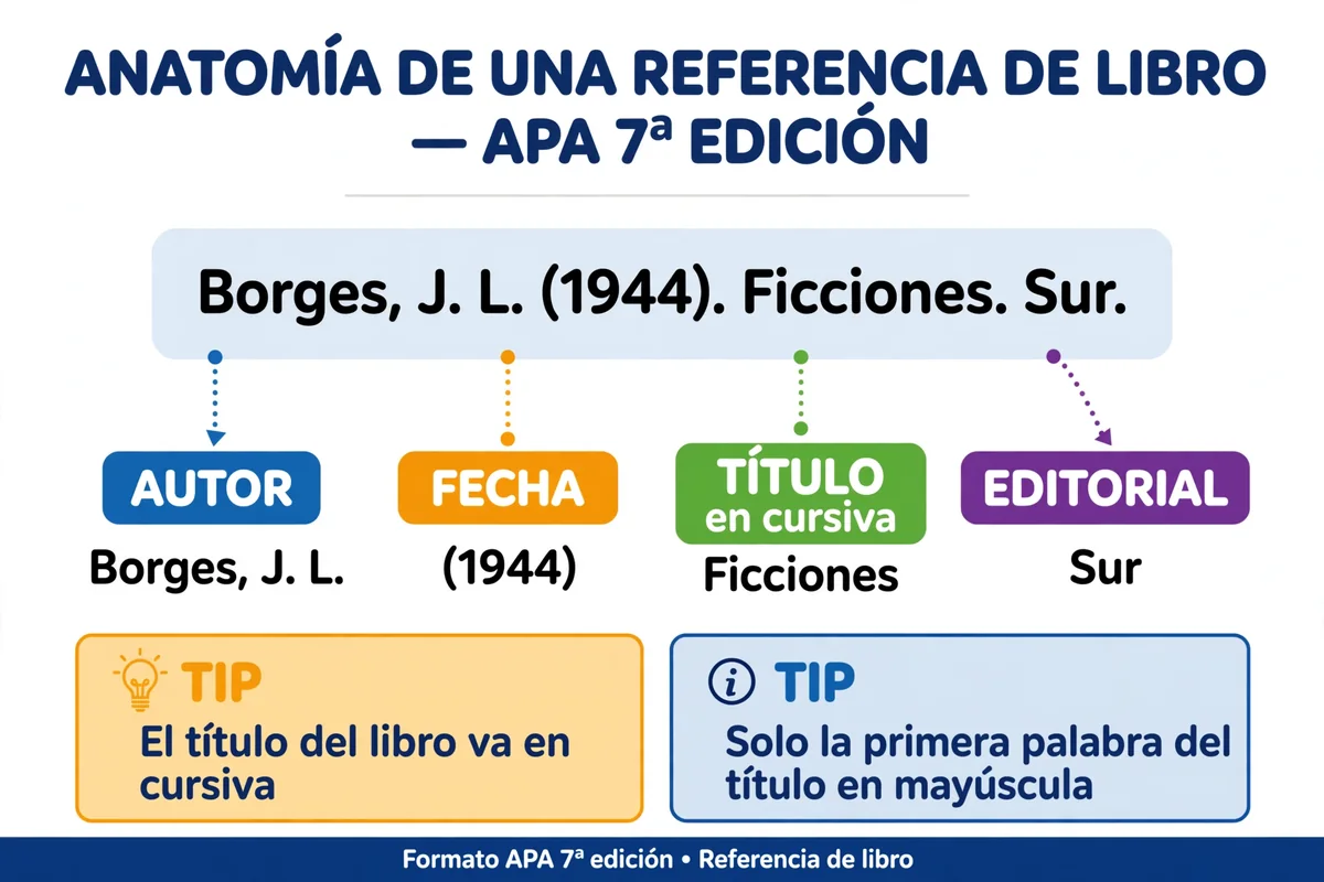 Infografía: anatomía de una referencia de libro en APA 7 — autor, fecha, título en cursiva y editorial, con ejemplo de Borges